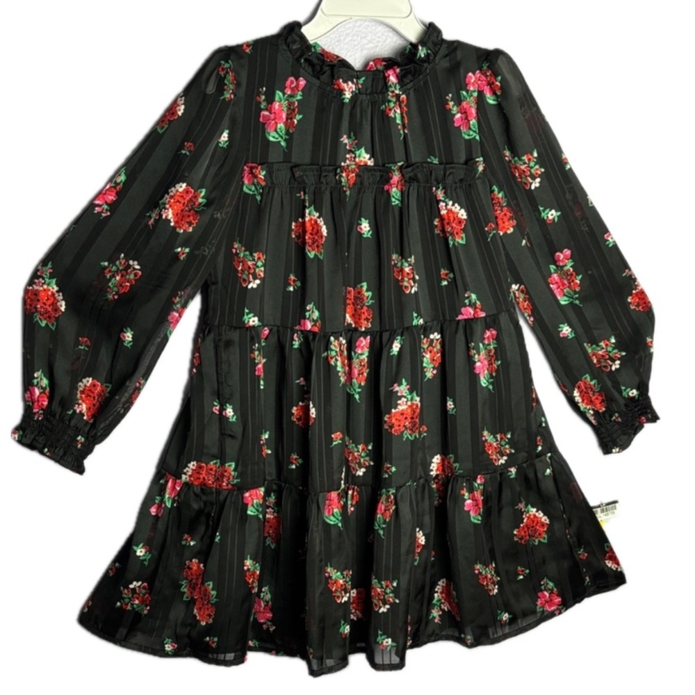 NWT Fully Lined Sheer Black and Red Red Flower Kids Dressy Long Sleeve Dress
